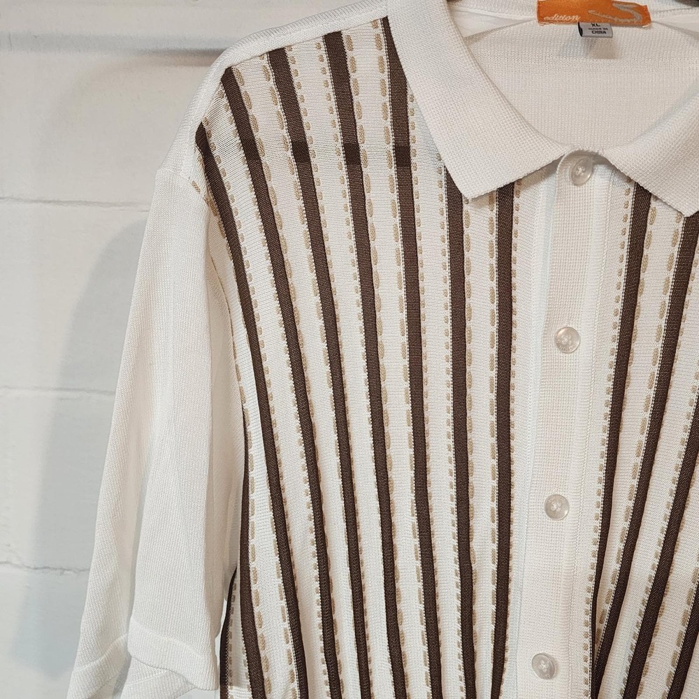 90's Edition Seven Striped Knit Button Down Short Sleeve Shirt Lightweight Brown - Picture 3 of 8